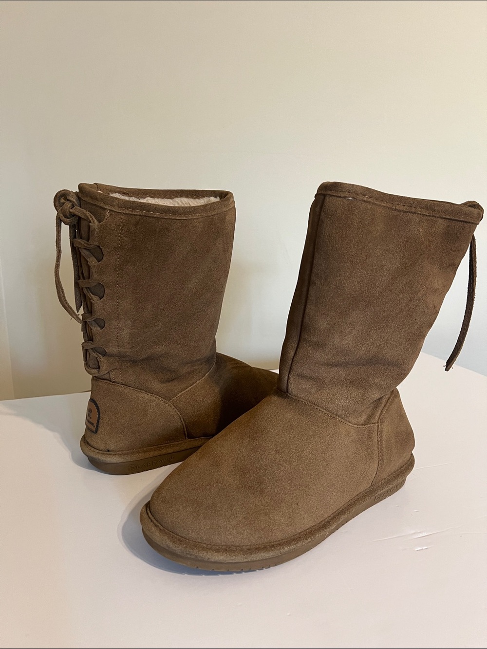 BearPaw Women's Suede, Wool Blend-Lined Boots in Tan/Beige/Brown - Cleaned